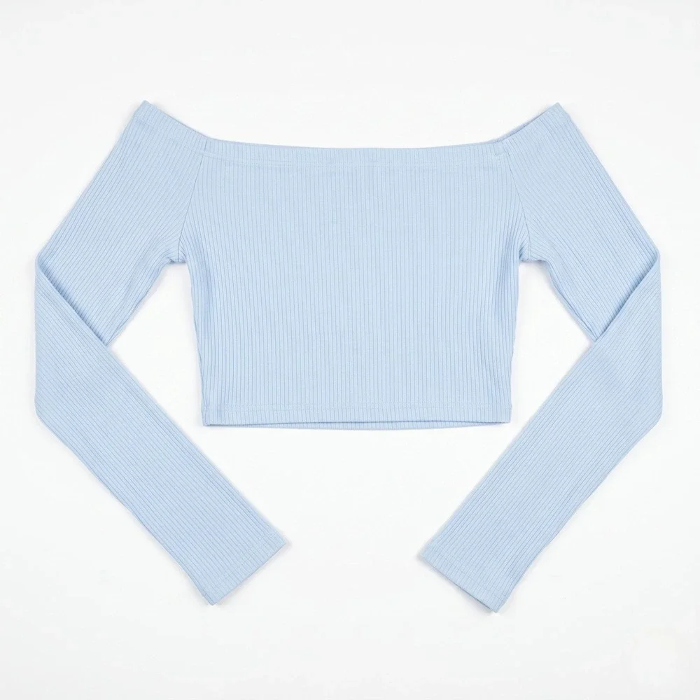 Anthropologie‎ Mable Womens S Light Blue Ribbed Ruched Off Shoulder Crop Top